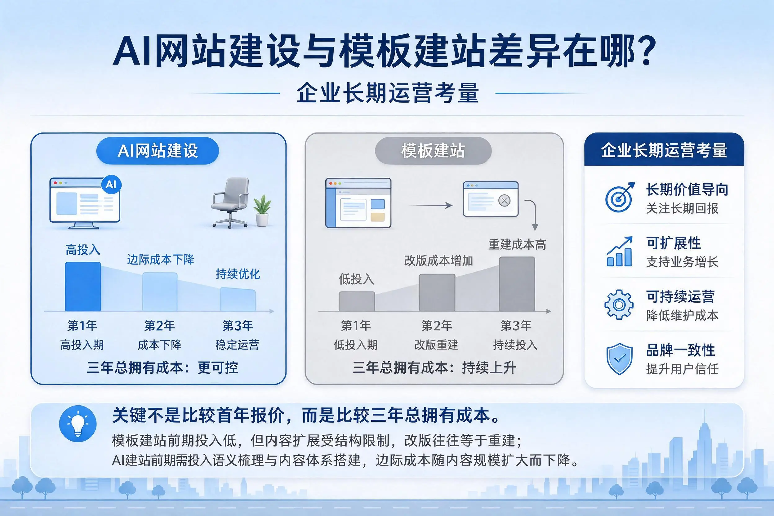 AI网站建设与模板建站差异在哪？陵水企业长期运营考量